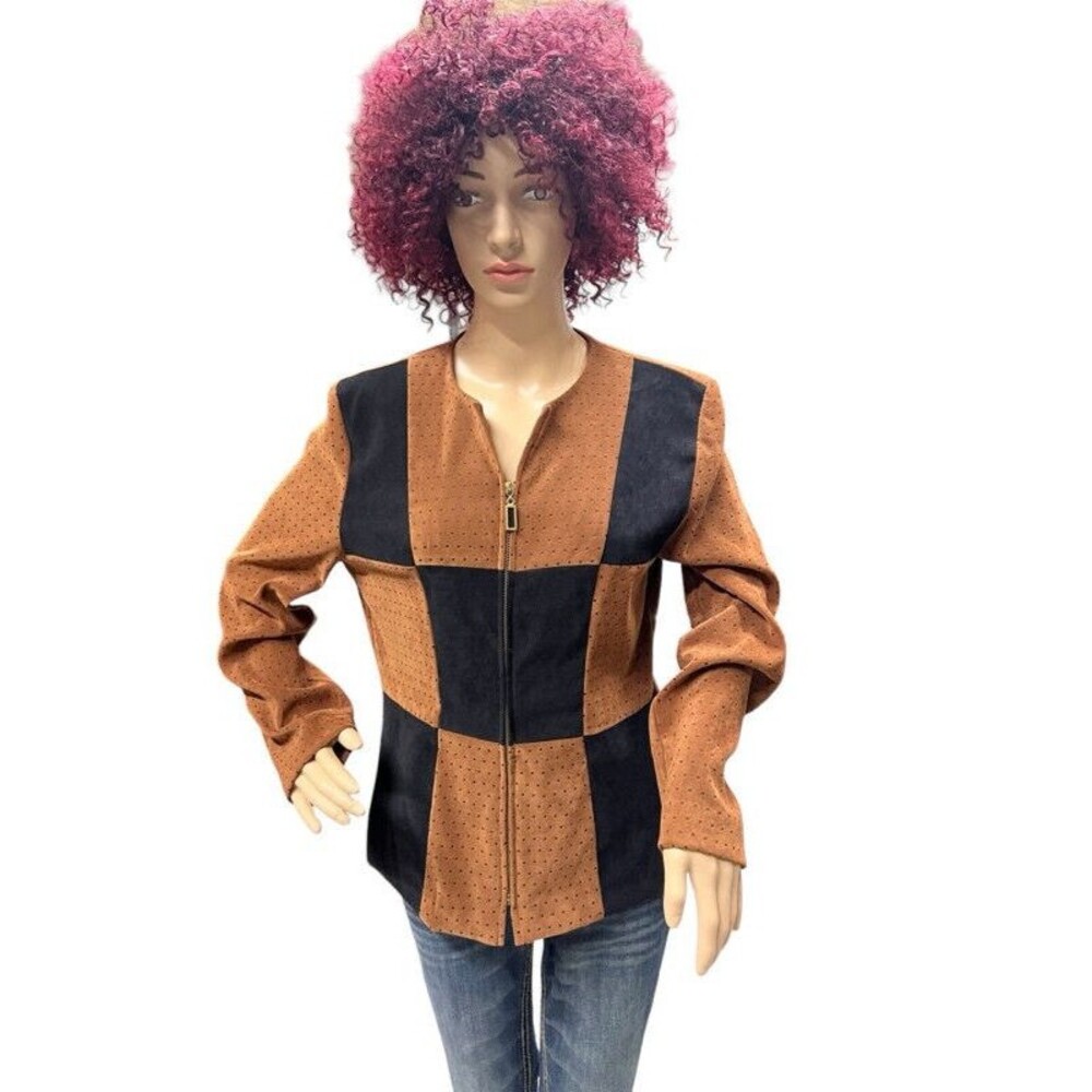 Jessica Howard Faux Suede Jacket Womens Size 10 Brown Black Colorblock Full Zip